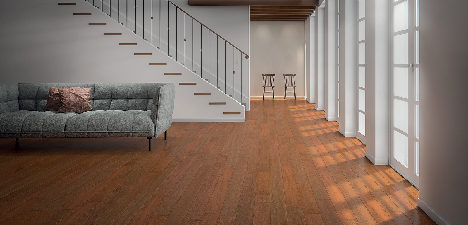 Photograph of beautiful brazilian cherry hardwood flooring in a home.
