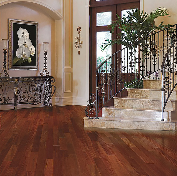 Photo of Santos Mahogany hardwood flooring used in a beautiful home.