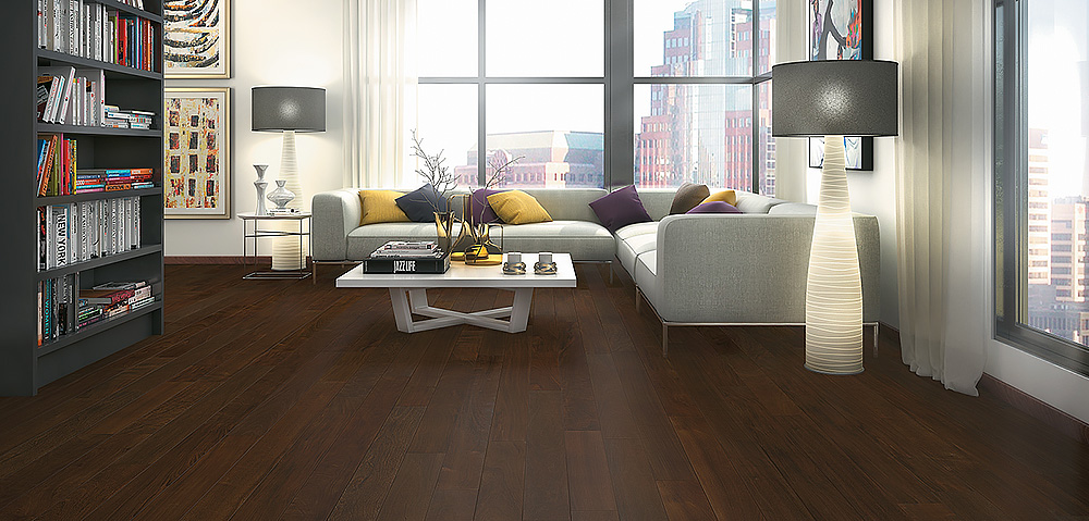 Living room with Brazilian walnut hardwood flooring. 