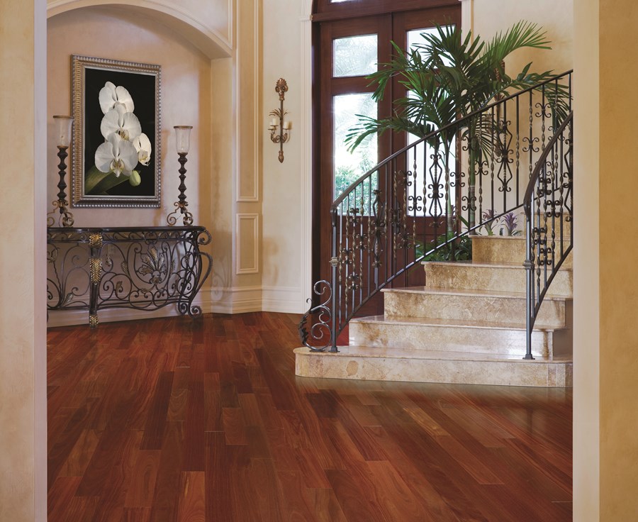 Photo of Santos Mahogany hardwood flooring used in a beautiful home.